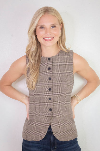  Winslow Check Woven Vest, Taupe/Pink