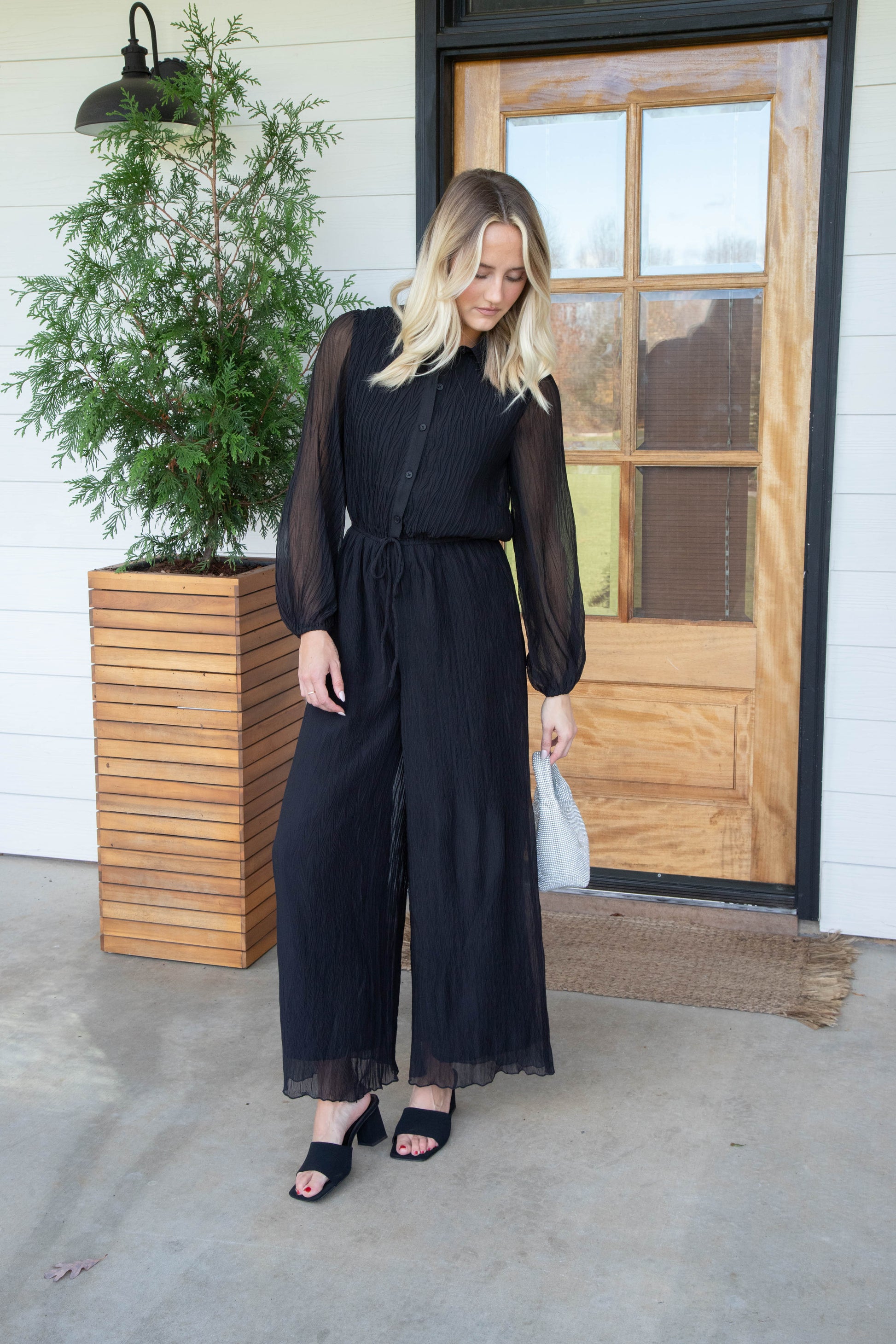  Gathering Button Up Jumpsuit, Black | Sadie & Sage