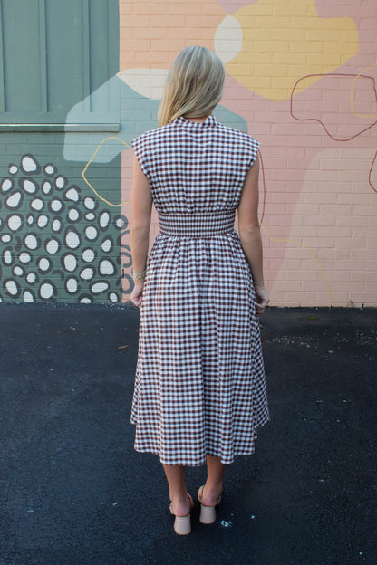  Millie Gingham Print Zip Up Dress, Chocolate