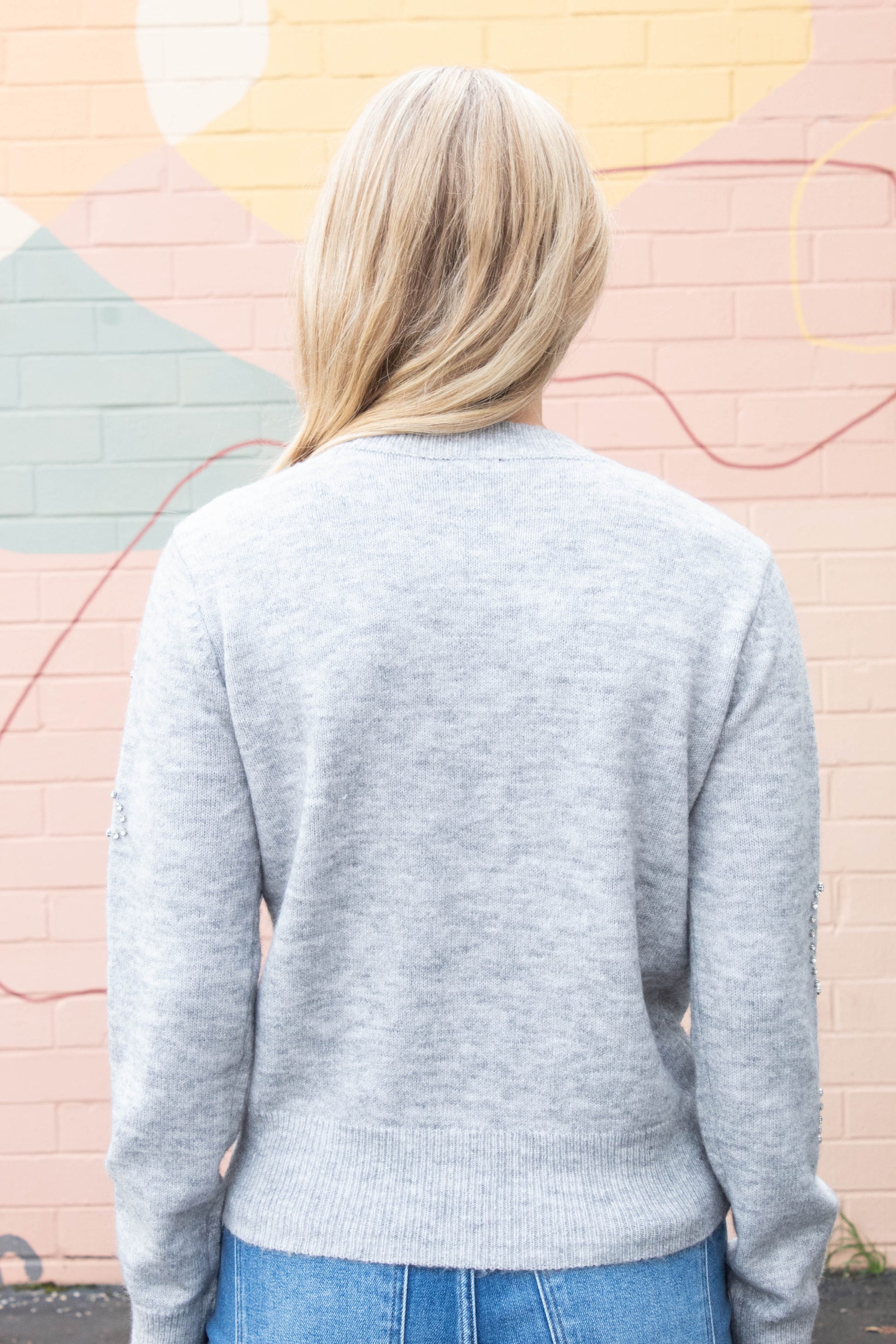  Ginevra Rhinestone Bow Sweater, Light Grey Melange | RD Style