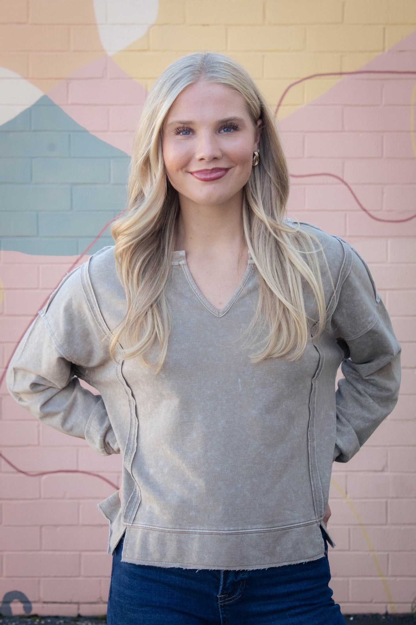  Remy Washed Exposed Seam Knit Top, Tan