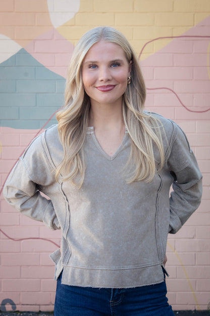  Remy Washed Exposed Seam Knit Top, Tan