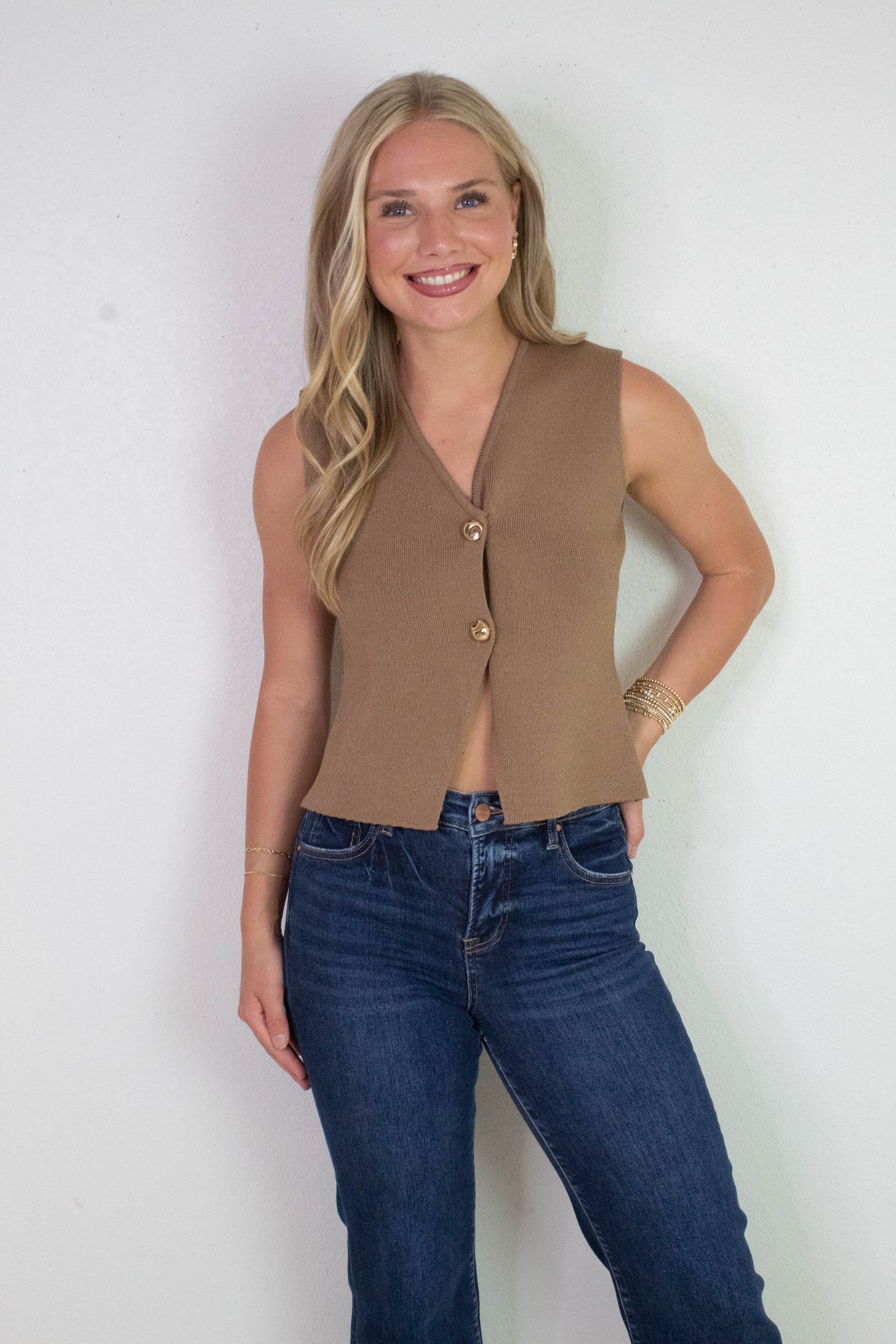  Elena Gold Button Sweater Vest, Mocha