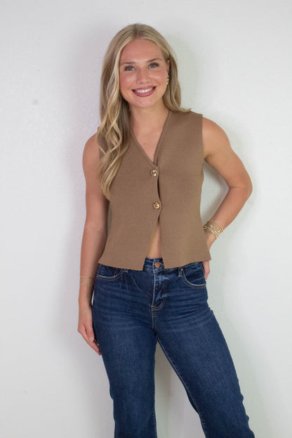 Elena Gold Button Sweater Vest, Mocha