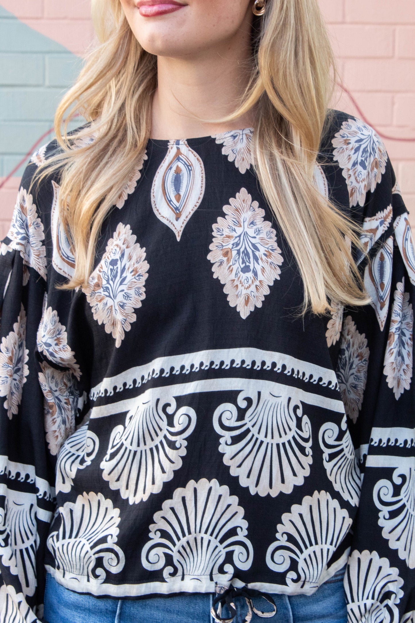  Kehlani Boho Print Blouse, Black Mix