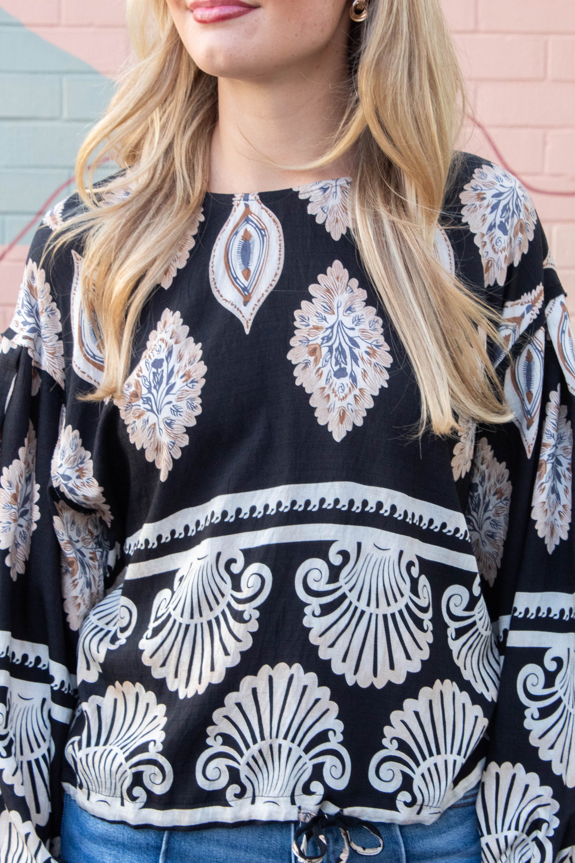  Kehlani Boho Print Blouse, Black Mix