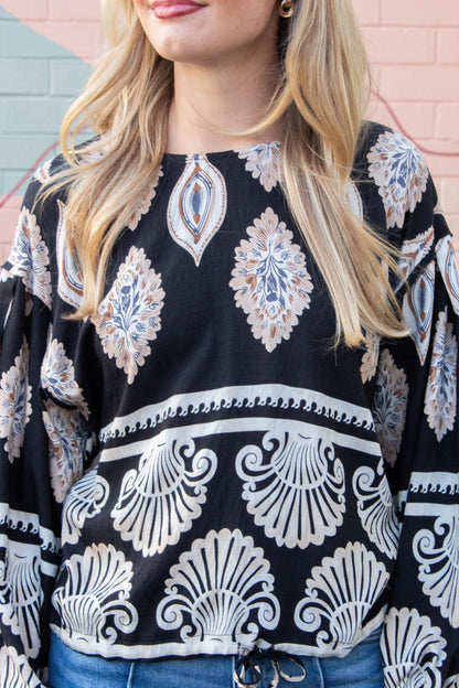  Kehlani Boho Print Blouse, Black Mix