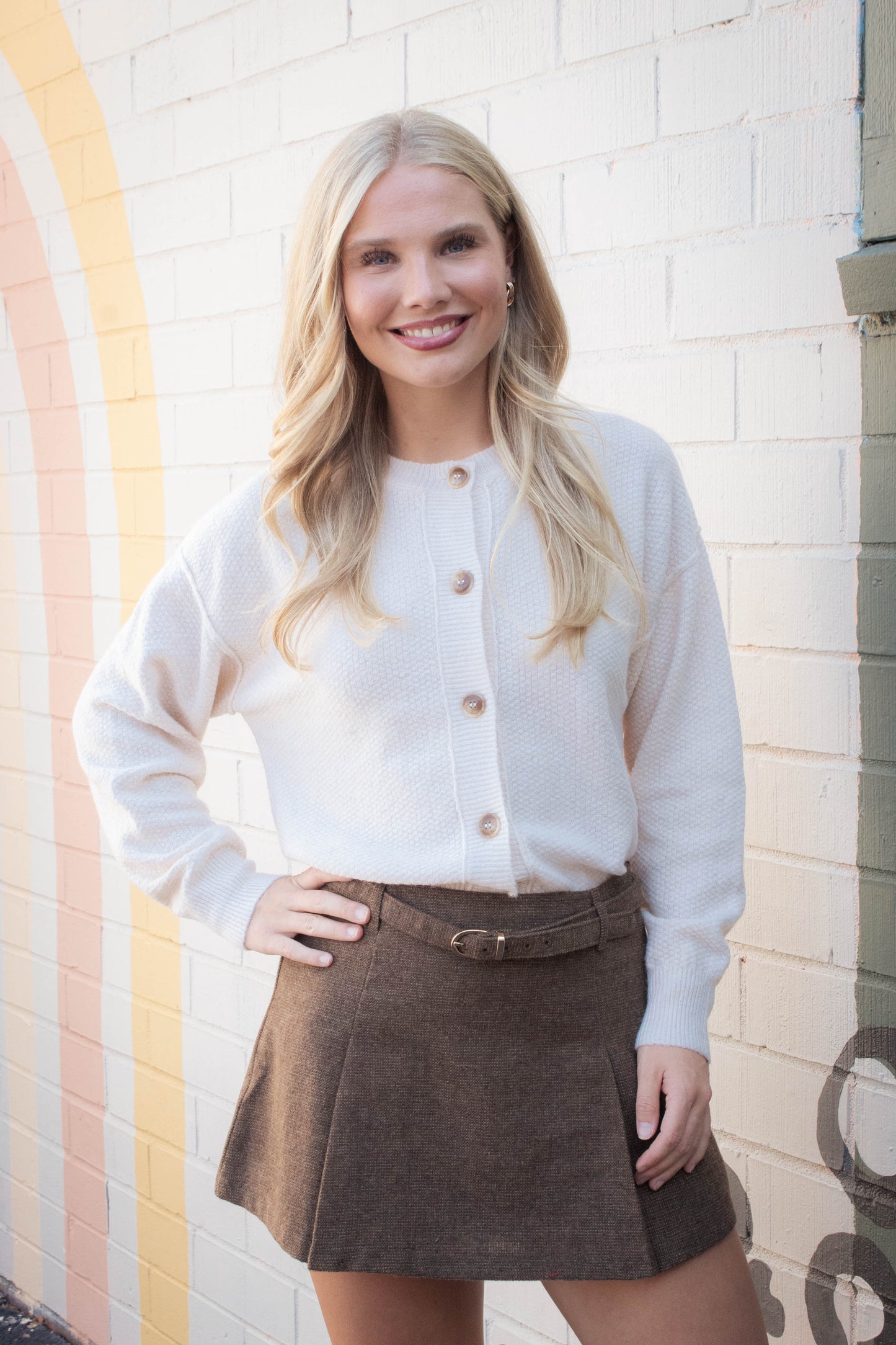 Ada Box Pleated Belted Skirt, Brown