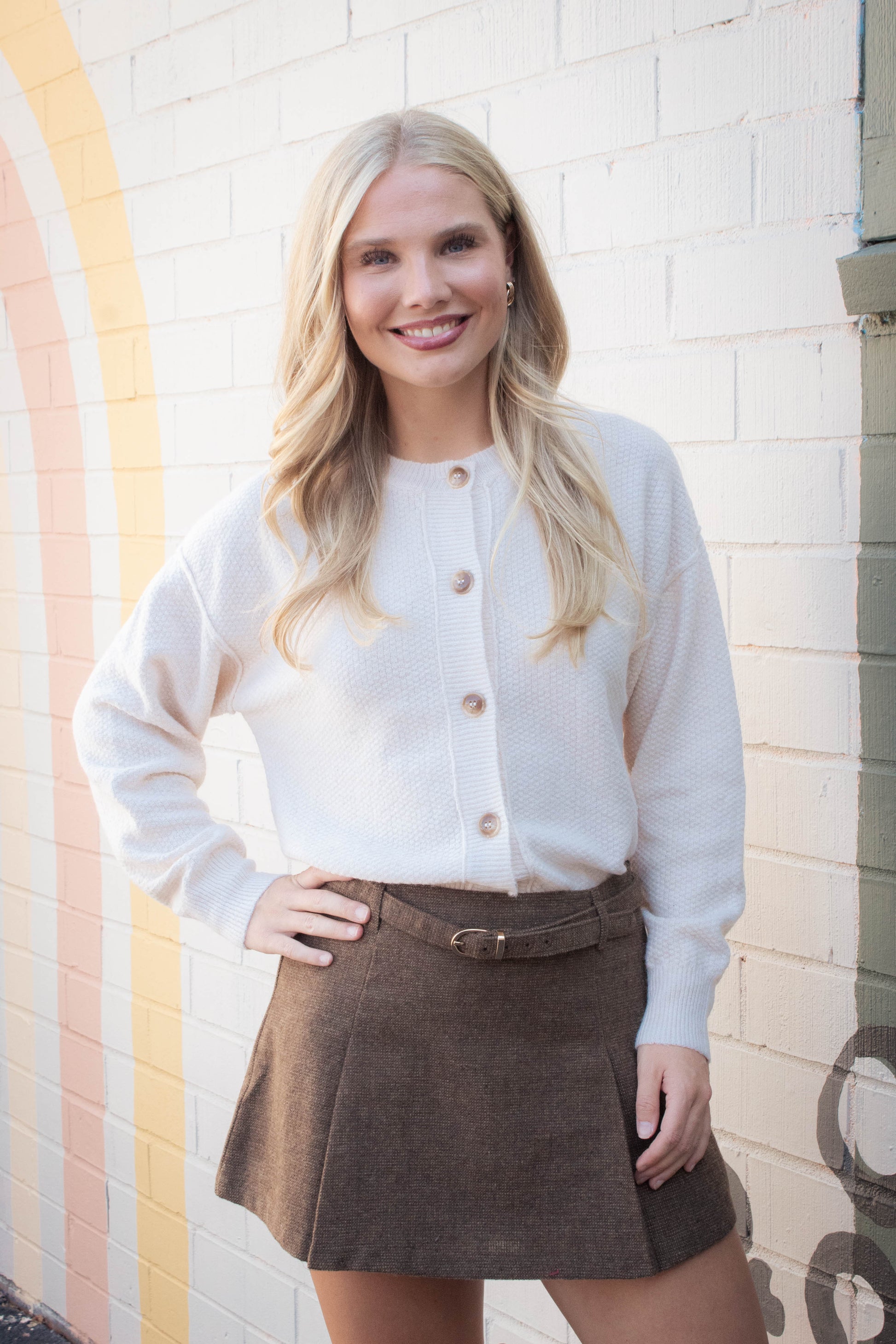  Ada Box Pleated Belted Skirt, Brown
