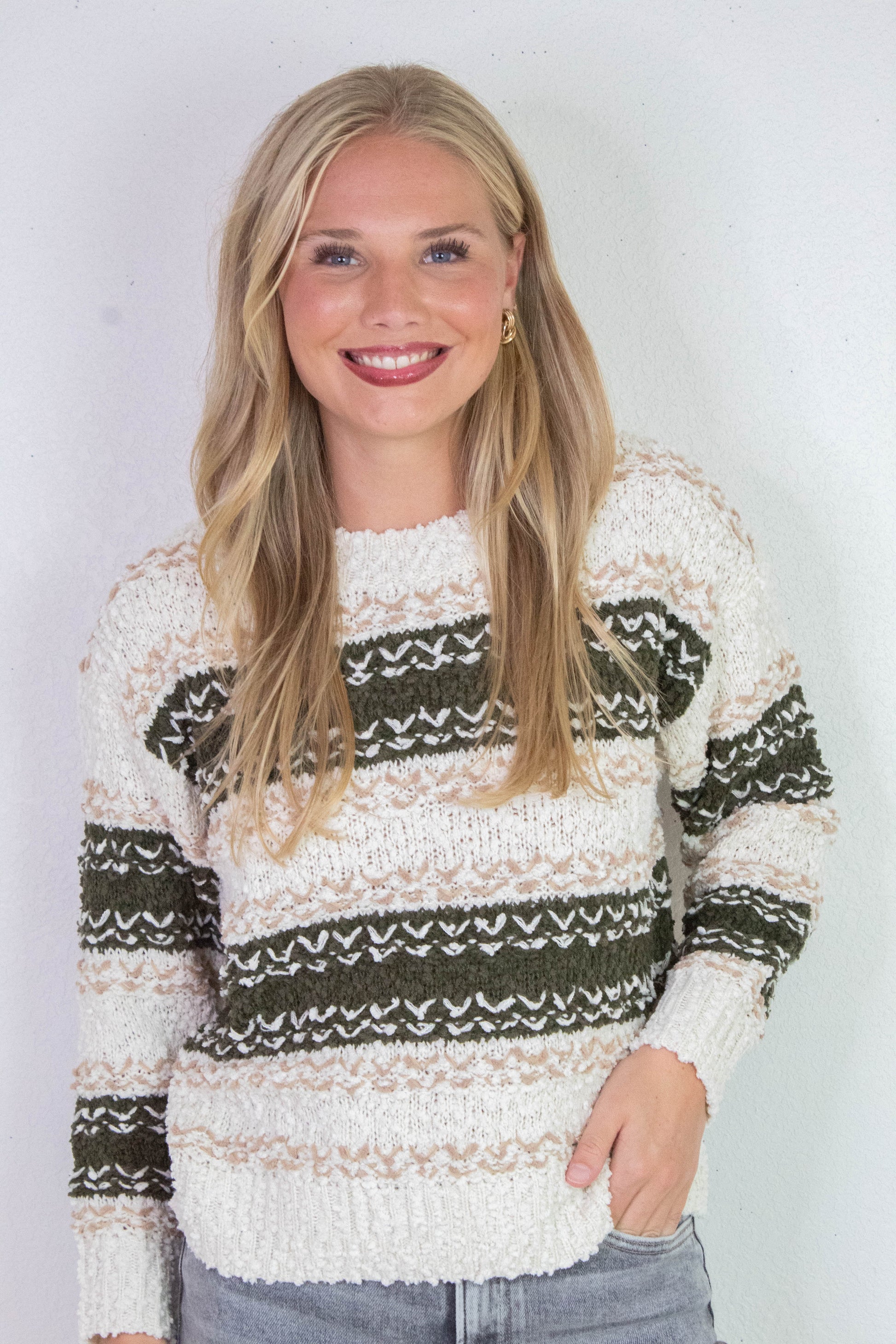  Loosen Up Striped Sweater, Olive Multi | Sadie & Sage