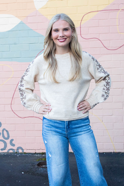  Angie Floral Embroidered Sweater, Oatmeal Brown