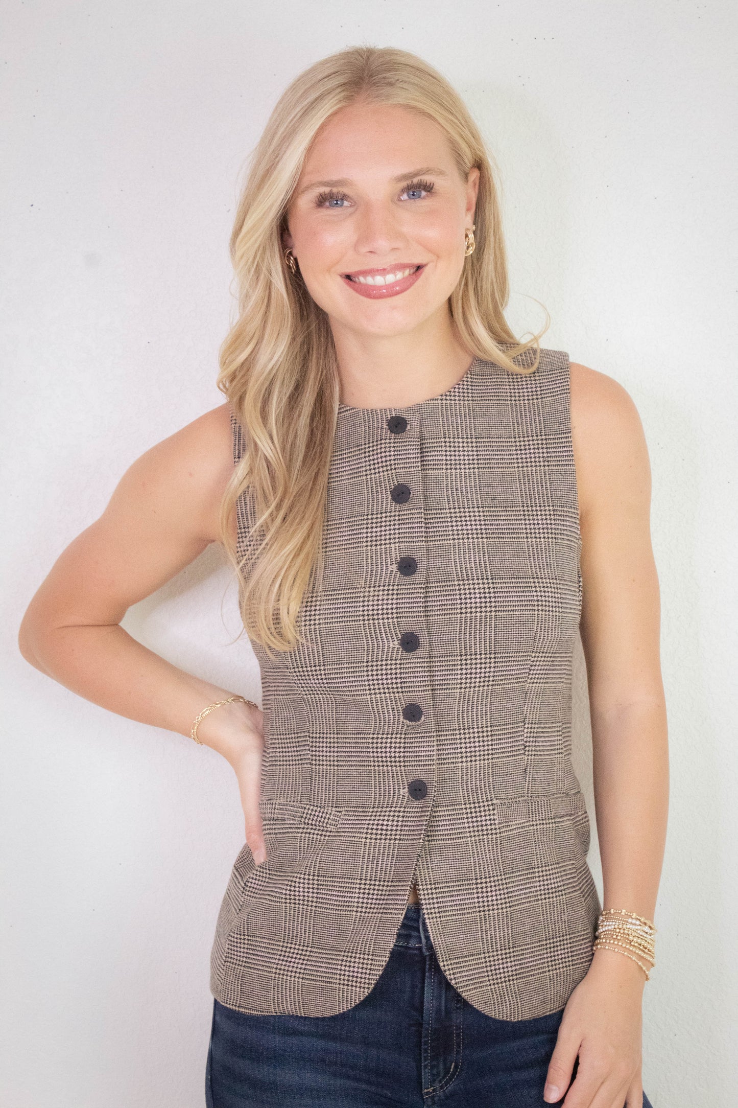  Winslow Check Woven Vest, Taupe/Pink