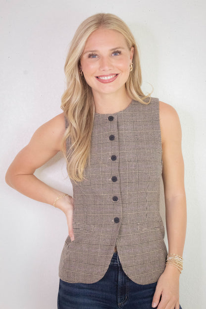  Winslow Check Woven Vest, Taupe/Pink