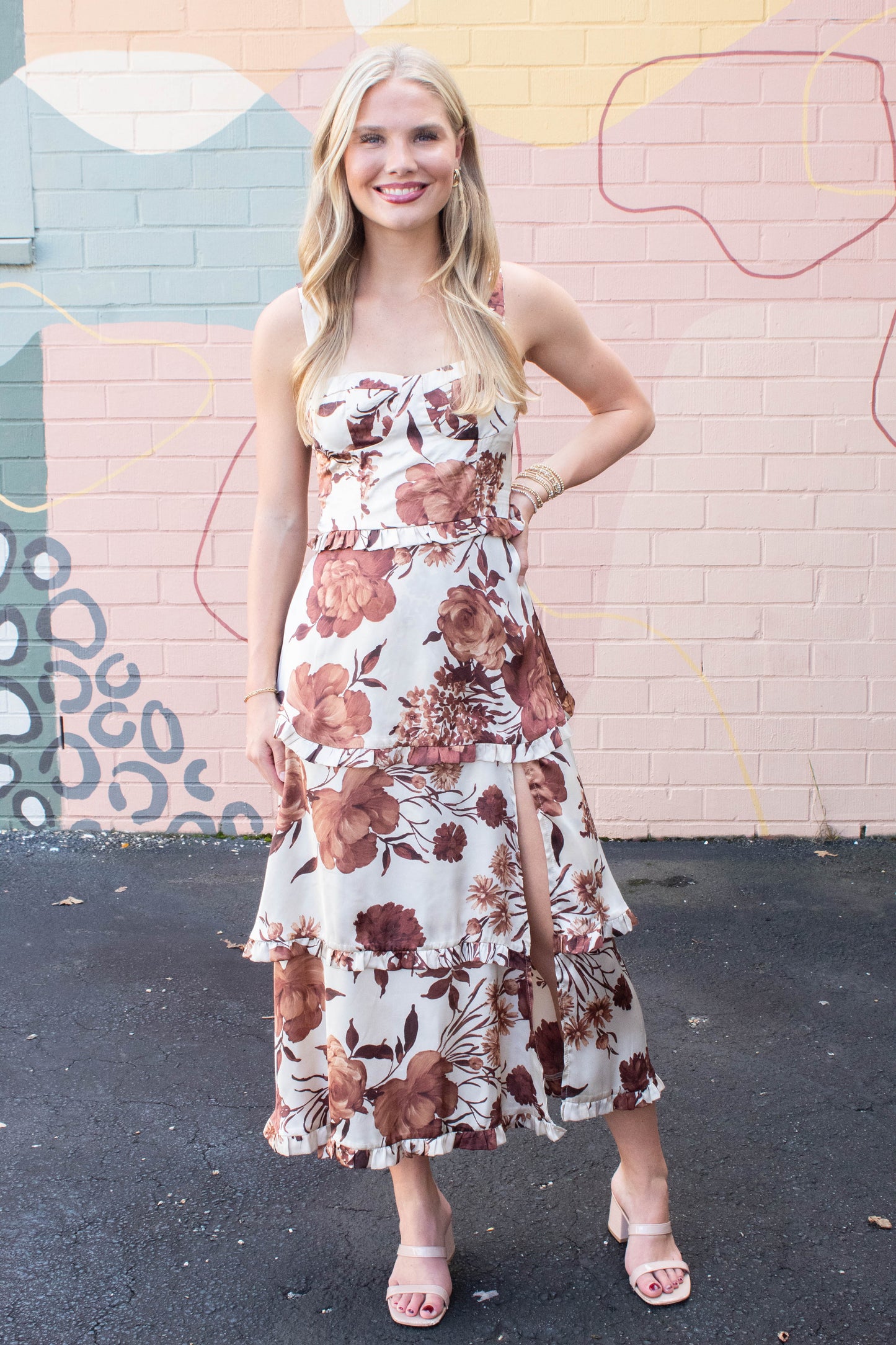  Blair Floral Tiered Satin Dress, Coffee Cream Brown