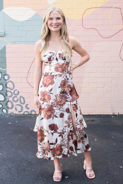  Blair Floral Tiered Satin Dress, Coffee Cream Brown