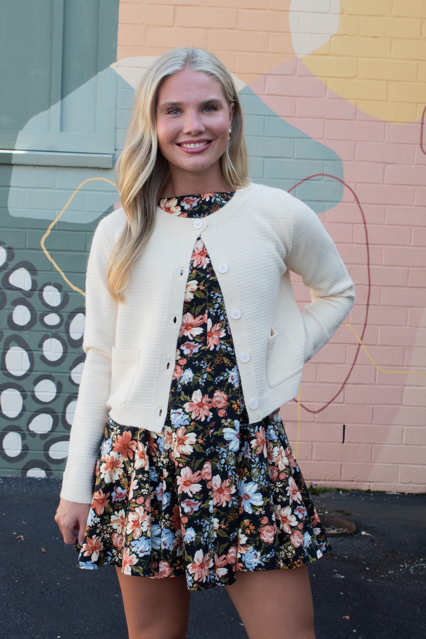  Linda Floral A-Line Denim Dress, Black Multi