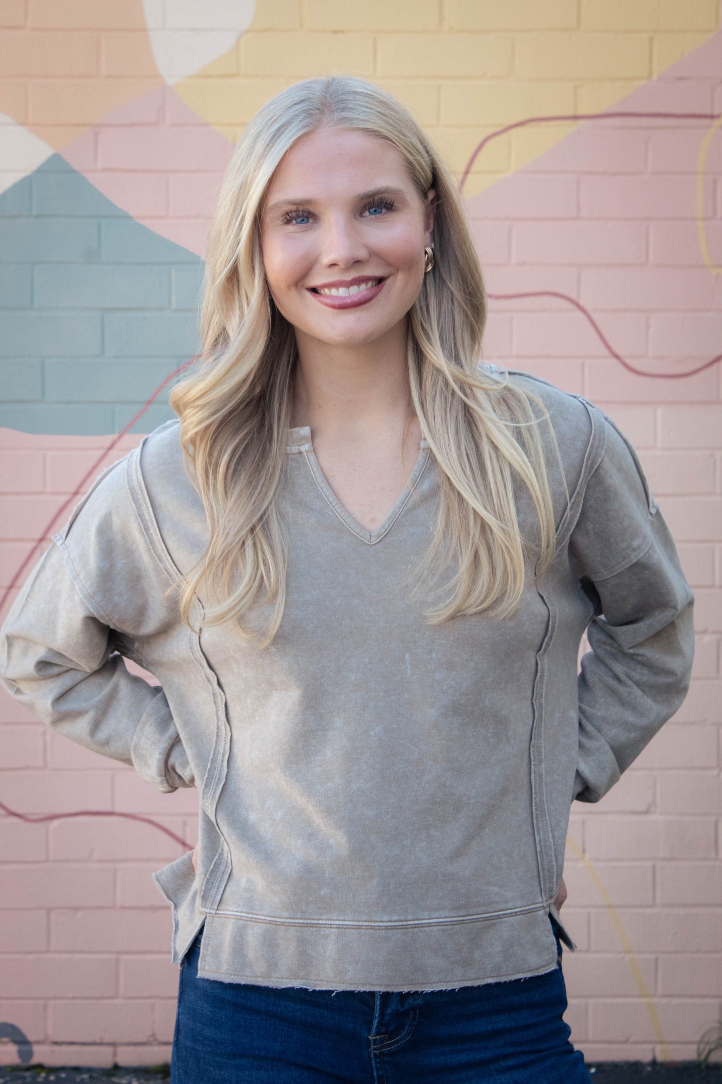  Remy Washed Exposed Seam Knit Top, Tan
