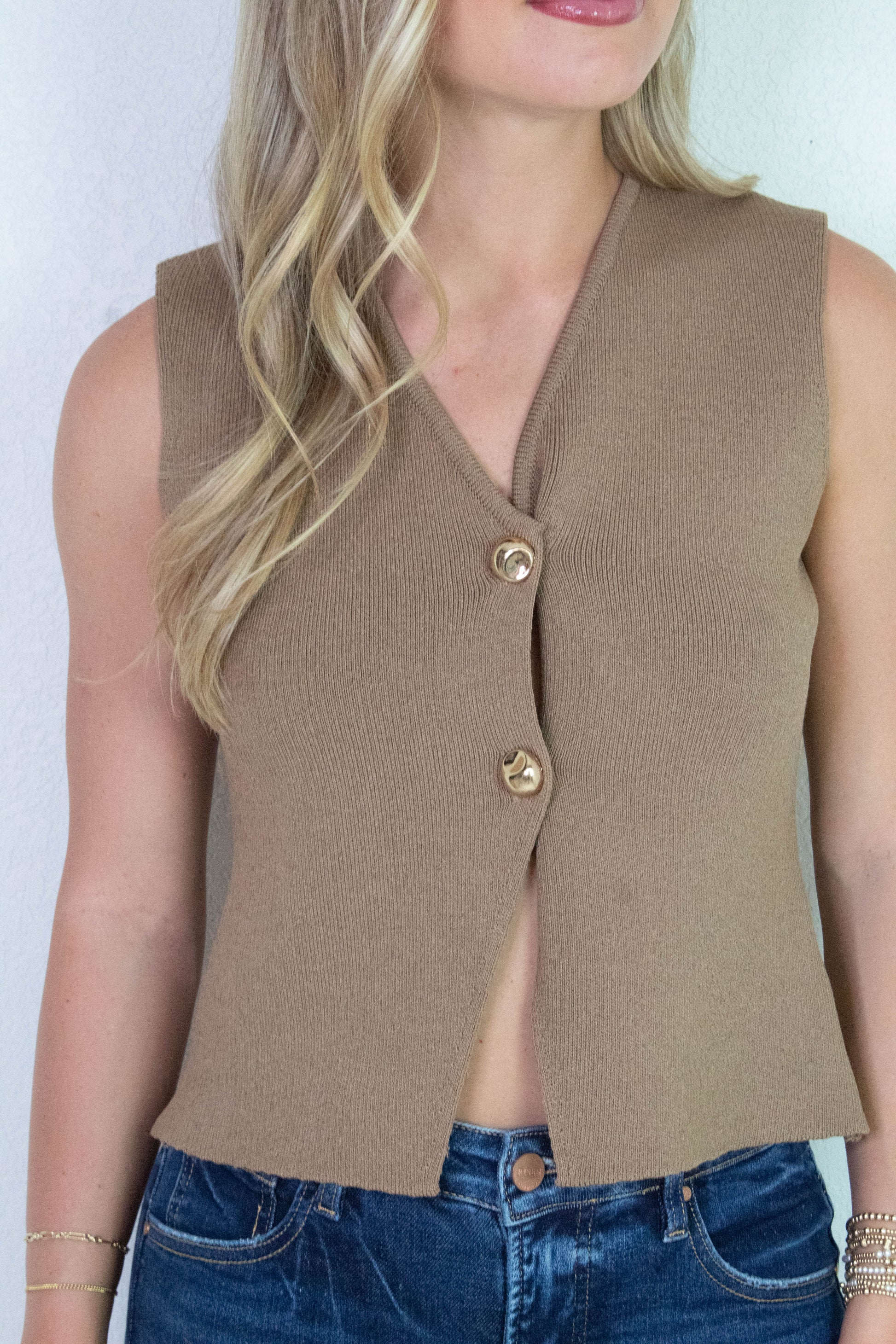  Elena Gold Button Sweater Vest, Mocha
