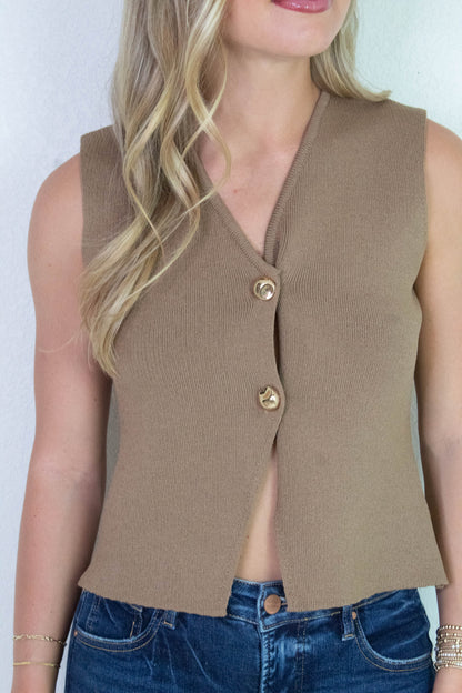  Elena Gold Button Sweater Vest, Mocha