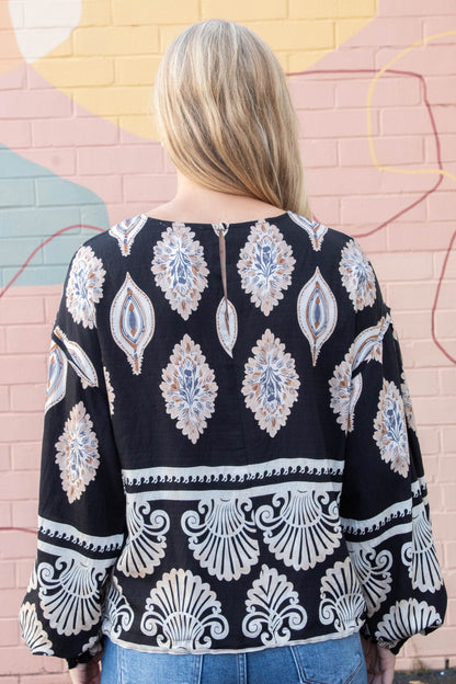  Kehlani Boho Print Blouse, Black Mix