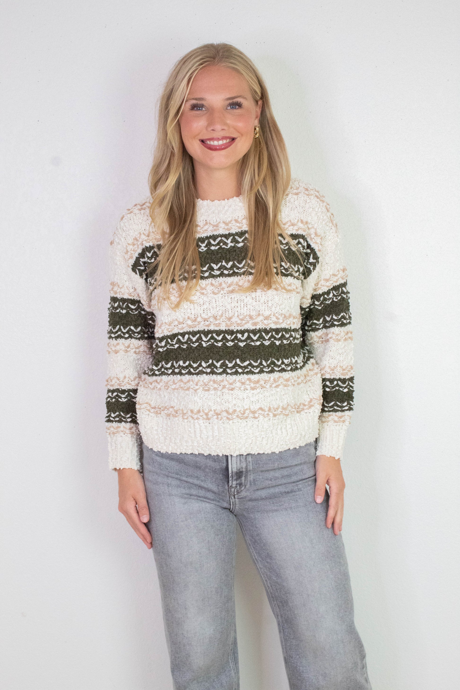  Loosen Up Striped Sweater, Olive Multi | Sadie & Sage