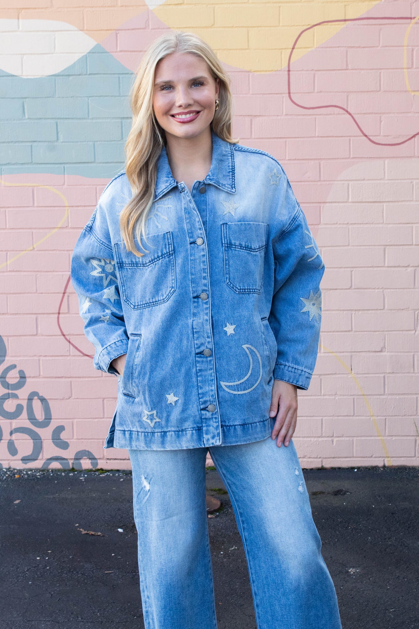  Ashley Embroidered Denim Jacket, Medium Wash