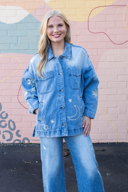  Ashley Embroidered Denim Jacket, Medium Wash