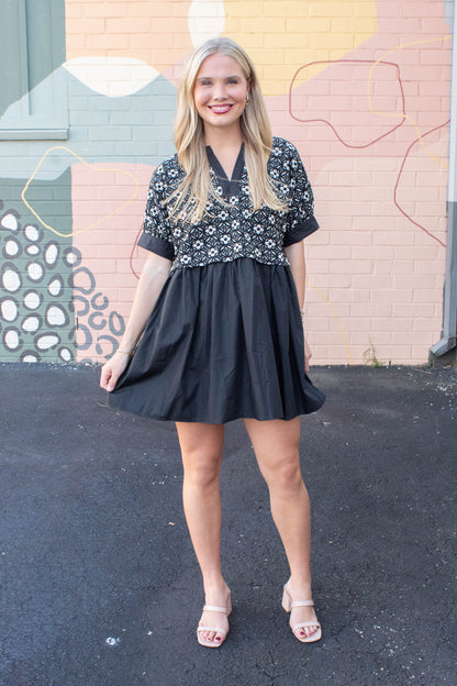 Elliana Mix Media Peplum Dress, Black