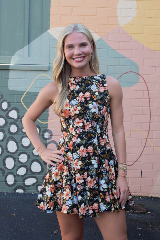  Linda Floral A-Line Denim Dress, Black Multi
