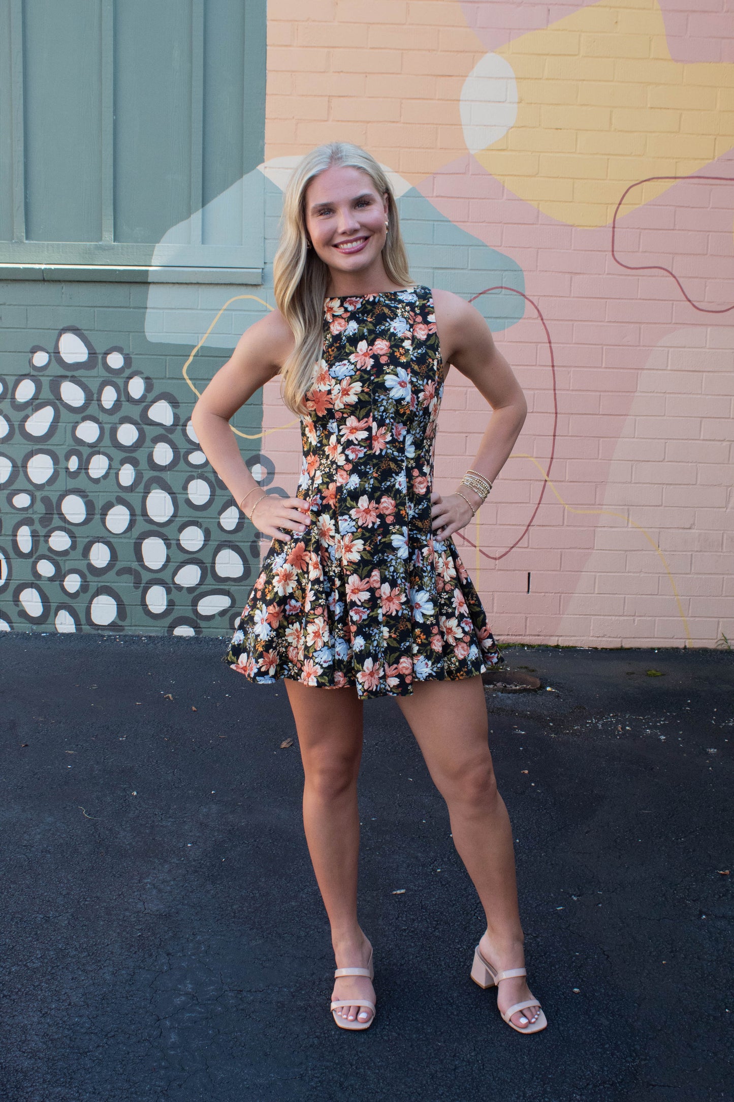  Linda Floral A-Line Denim Dress, Black Multi