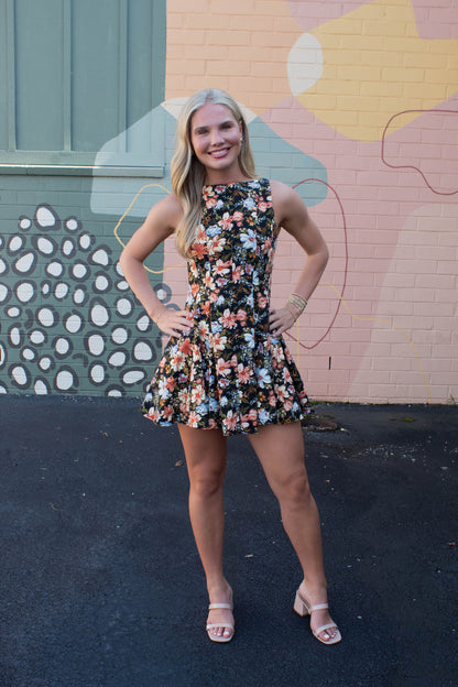  Linda Floral A-Line Denim Dress, Black Multi