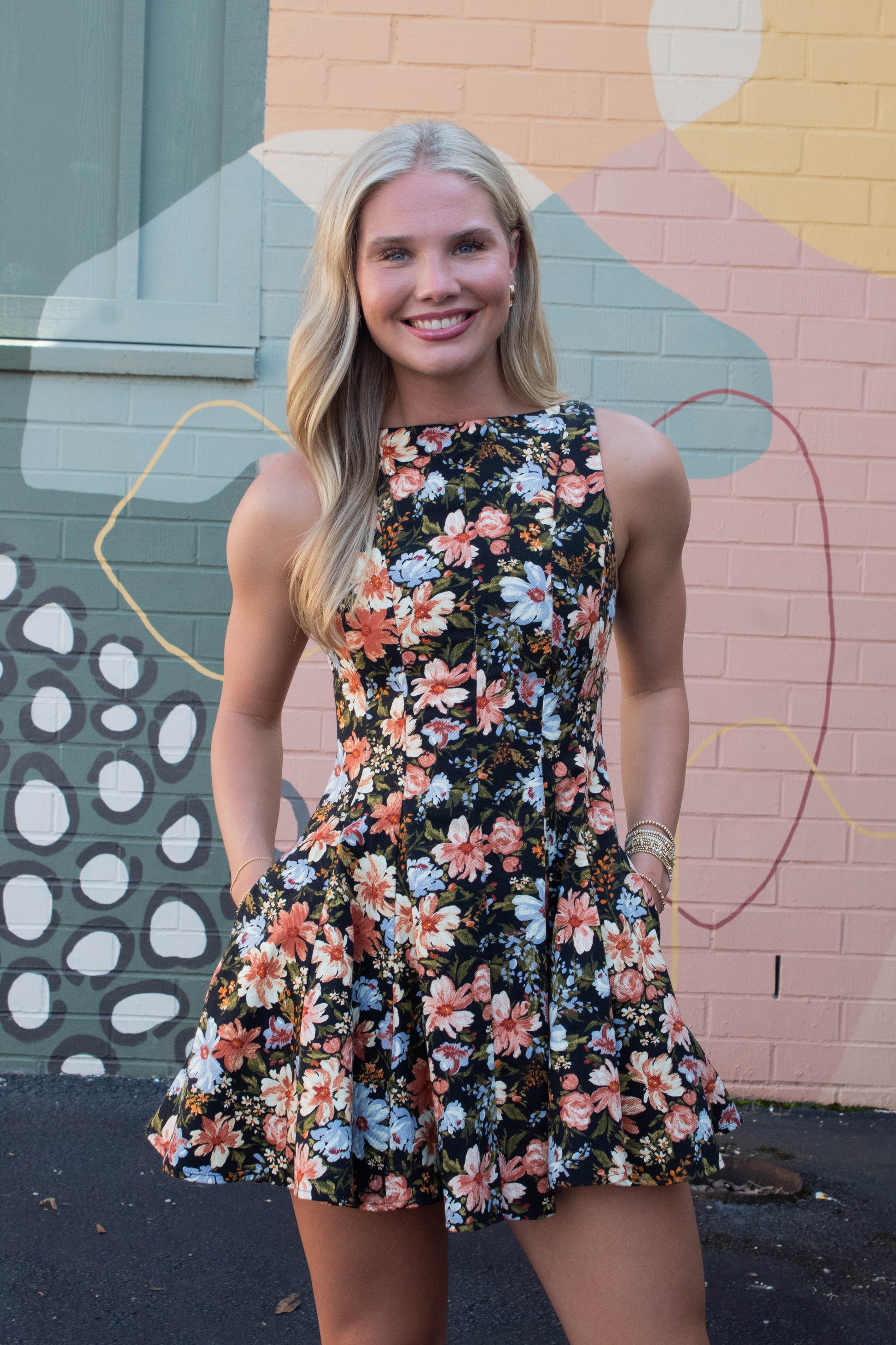  Linda Floral A-Line Denim Dress, Black Multi