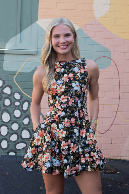  Linda Floral A-Line Denim Dress, Black Multi