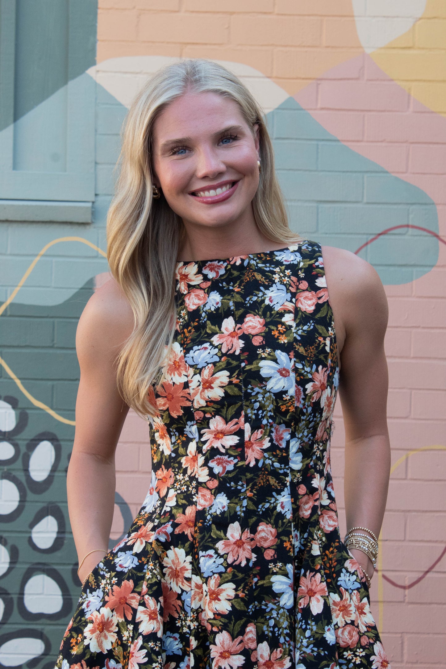  Linda Floral A-Line Denim Dress, Black Multi