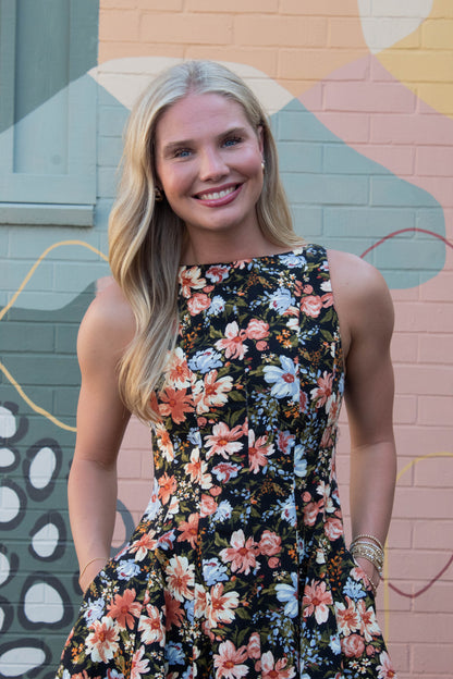  Linda Floral A-Line Denim Dress, Black Multi