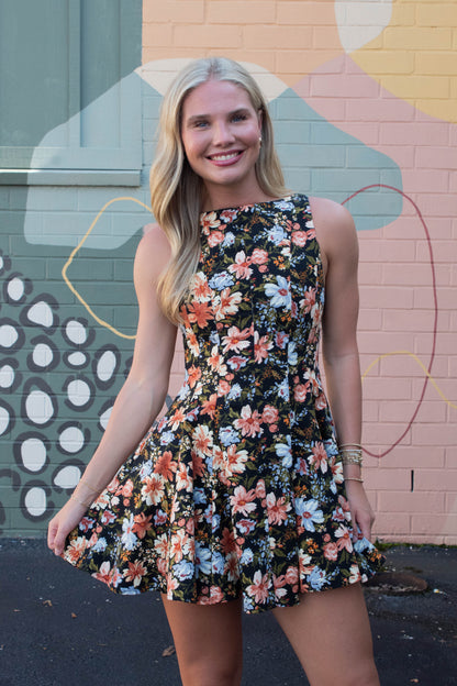  Linda Floral A-Line Denim Dress, Black Multi