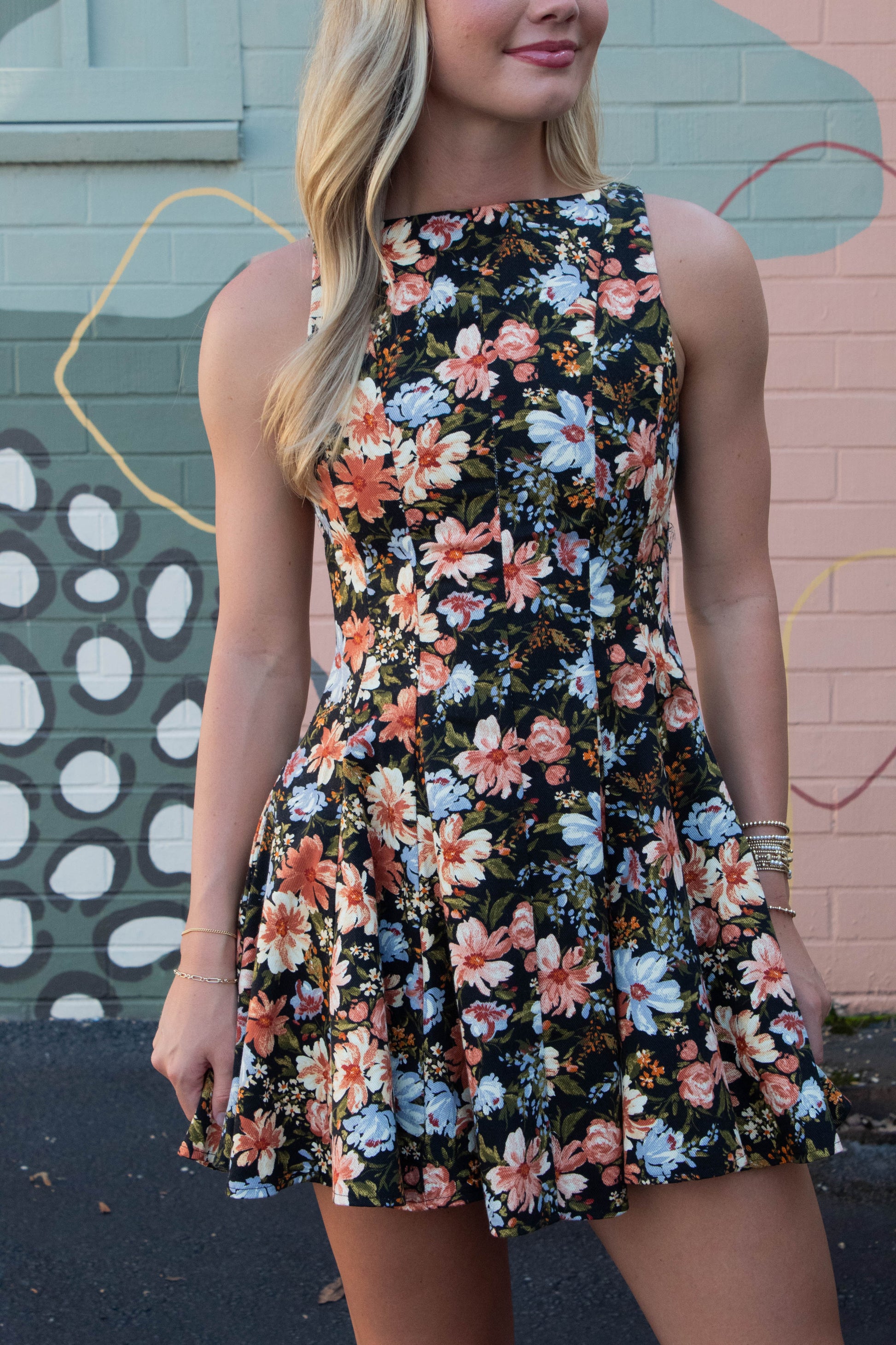  Linda Floral A-Line Denim Dress, Black Multi