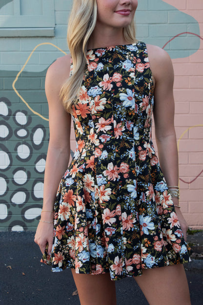  Linda Floral A-Line Denim Dress, Black Multi