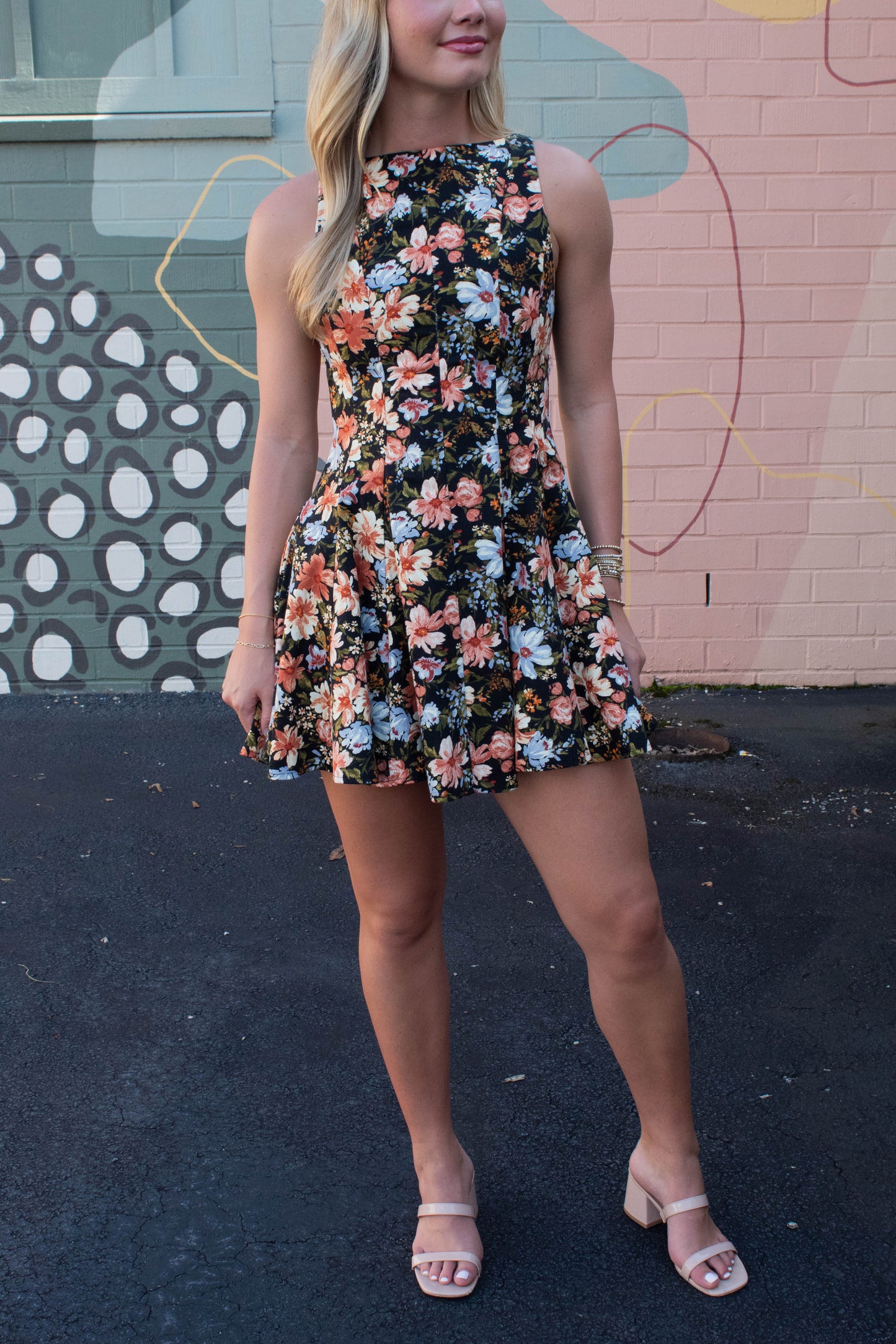  Linda Floral A-Line Denim Dress, Black Multi