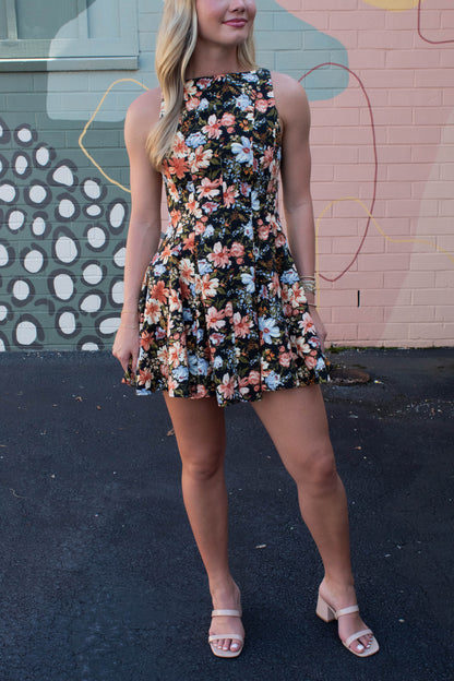  Linda Floral A-Line Denim Dress, Black Multi