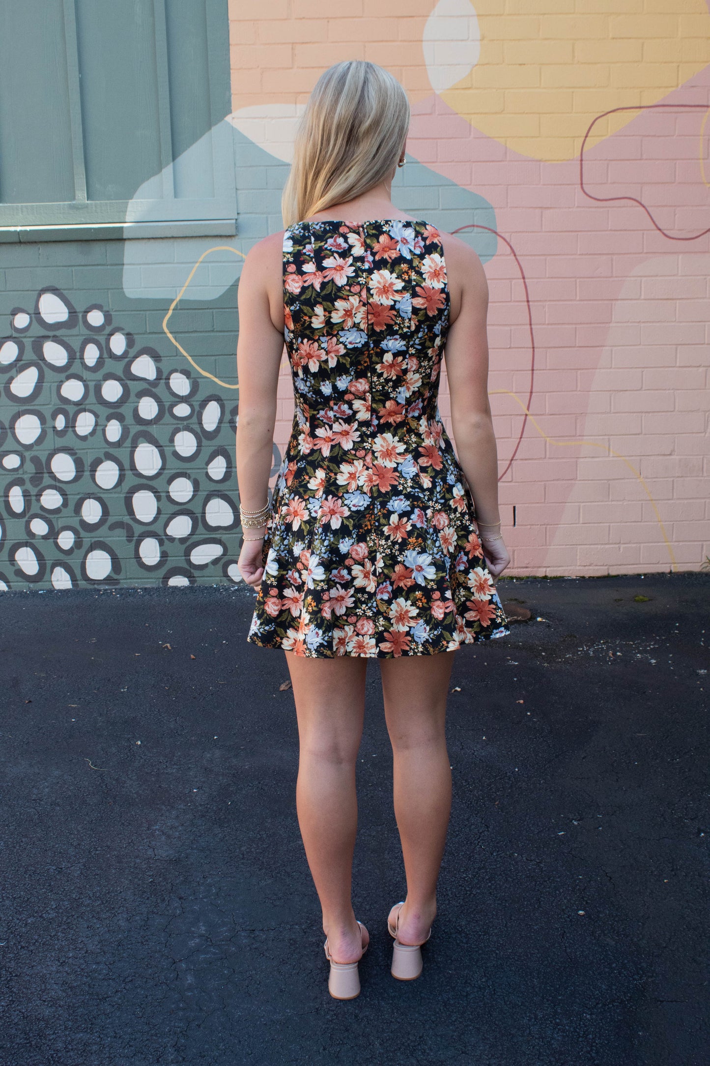  Linda Floral A-Line Denim Dress, Black Multi