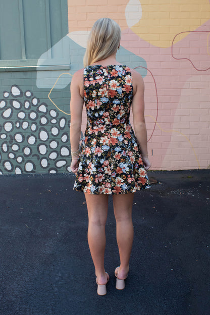  Linda Floral A-Line Denim Dress, Black Multi