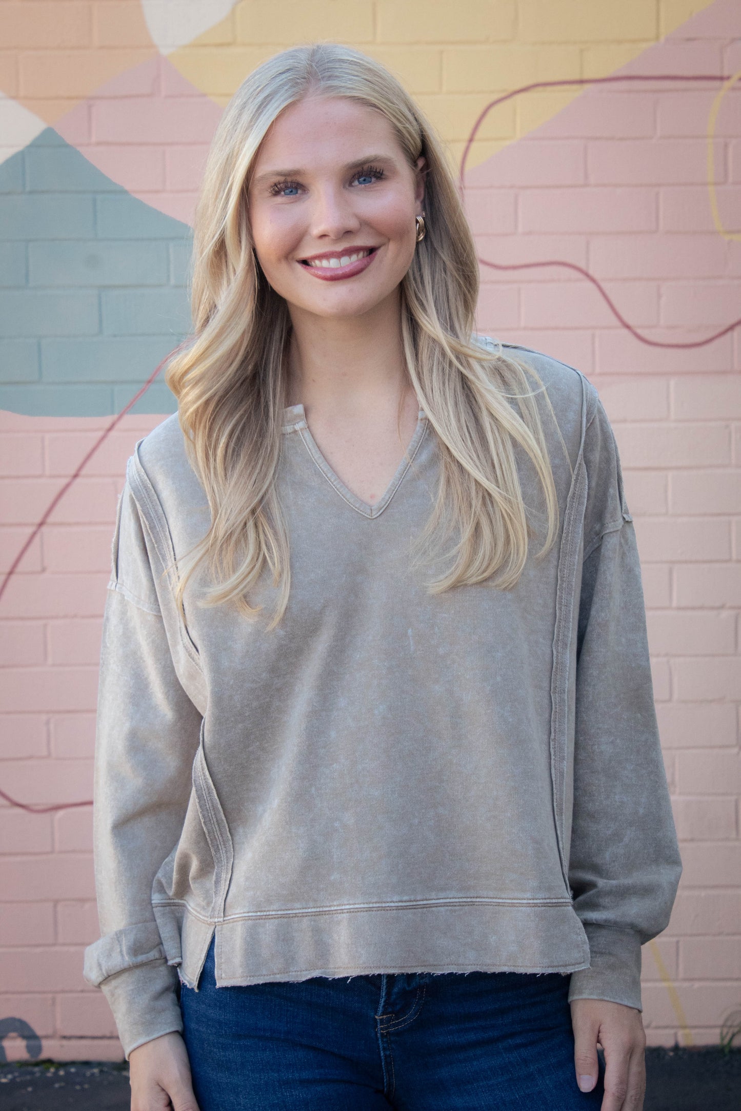  Remy Washed Exposed Seam Knit Top, Tan