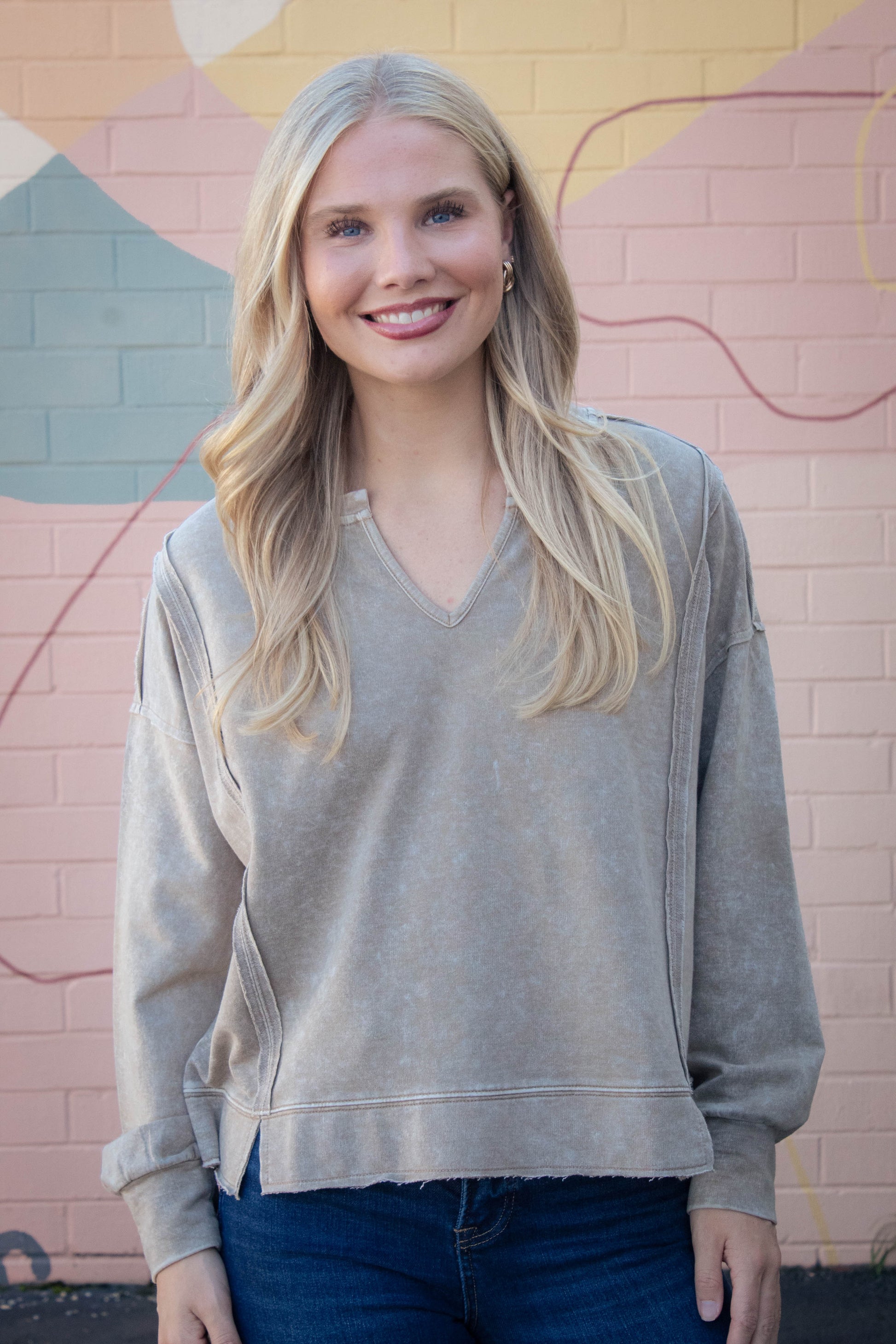  Remy Washed Exposed Seam Knit Top, Tan