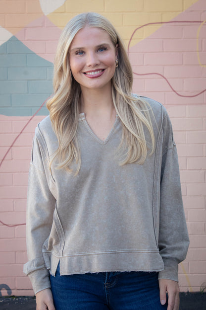  Remy Washed Exposed Seam Knit Top, Tan