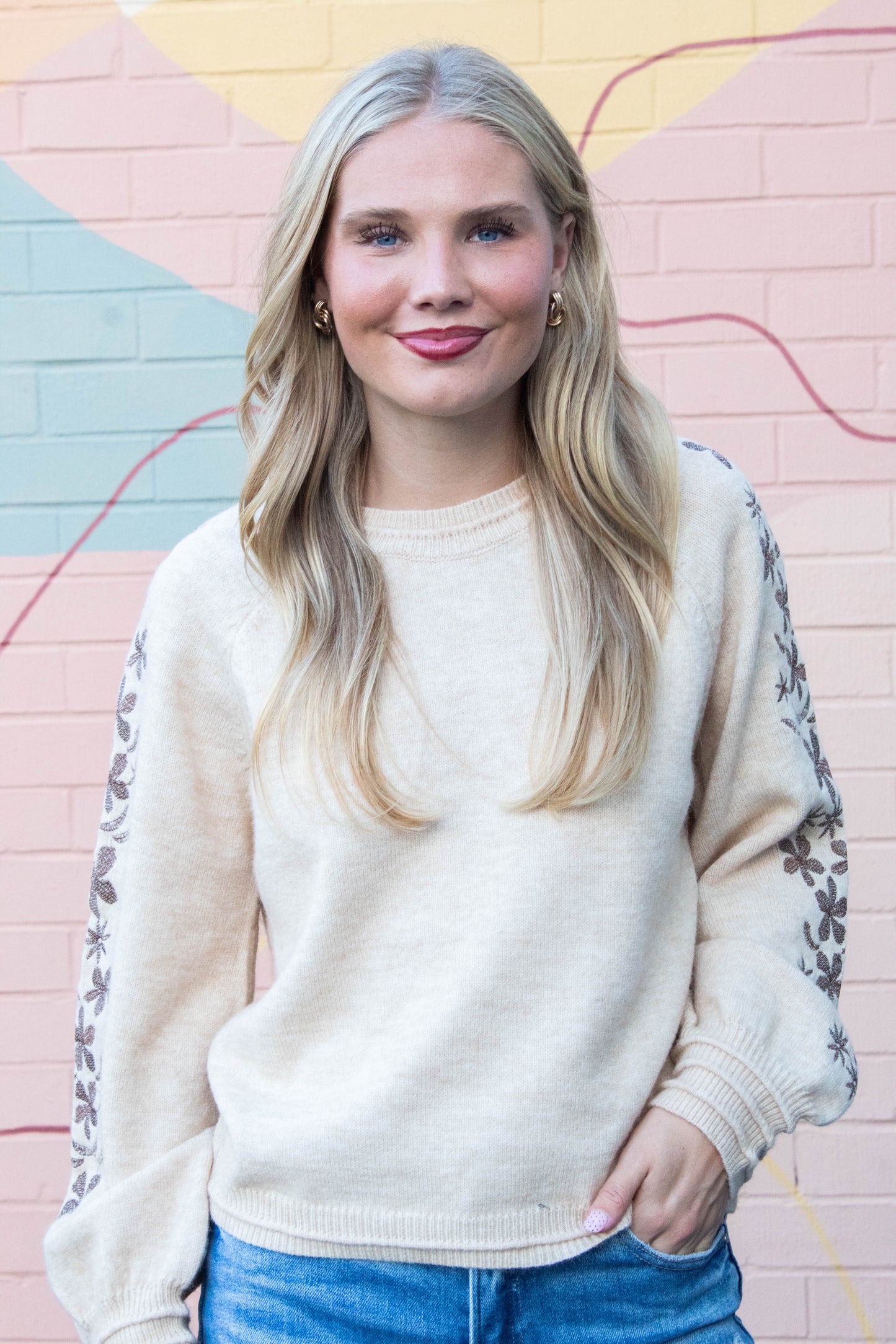  Angie Floral Embroidered Sweater, Oatmeal Brown
