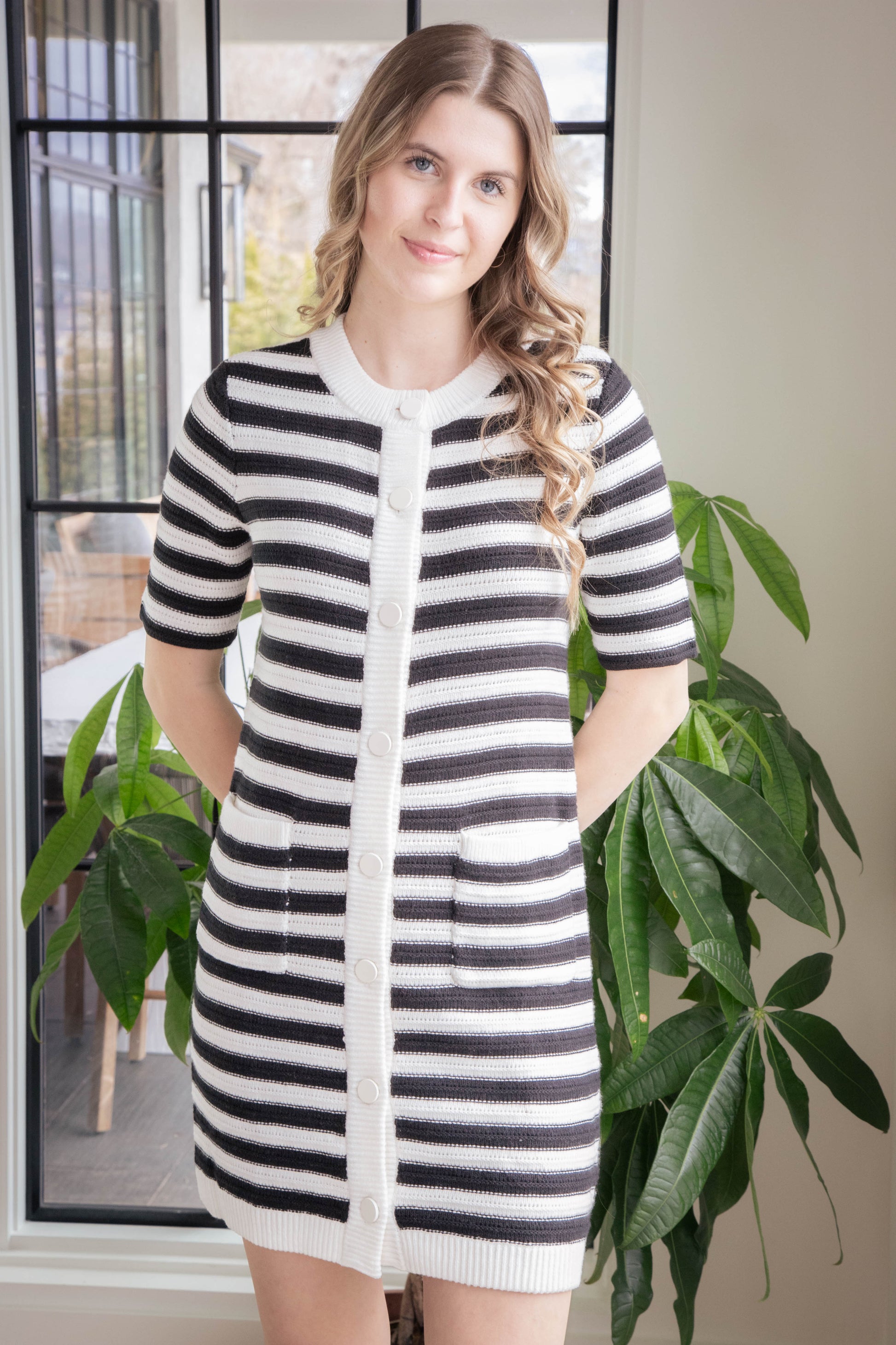  Ayla Button Front Knitted Dress, Chalk/Black | Sanctuary