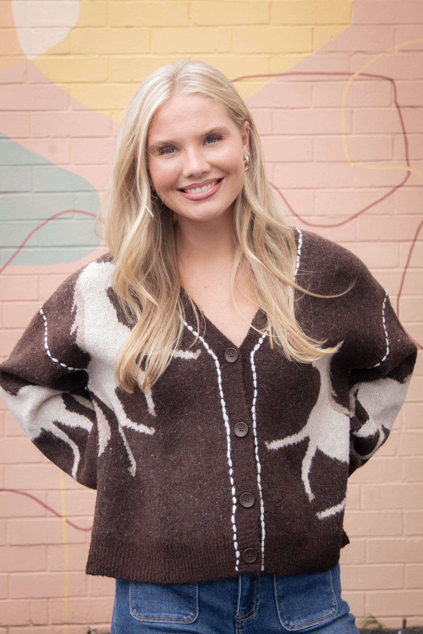 Rebekah Contrast Stitch Horse Cardigan, Brown