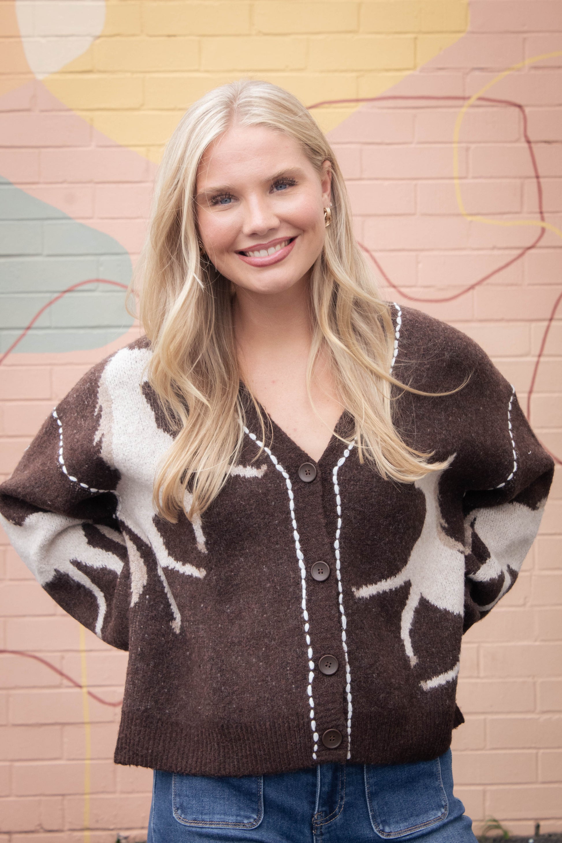  Rebekah Contrast Stitch Horse Cardigan, Brown