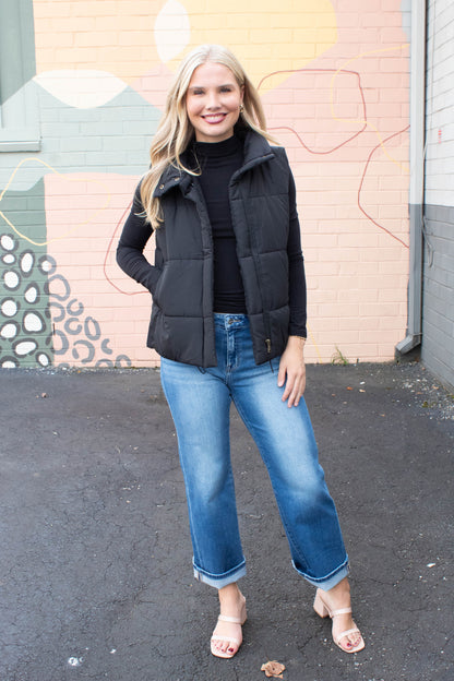  Liv Solid Zip Up Puffer Vest, Black